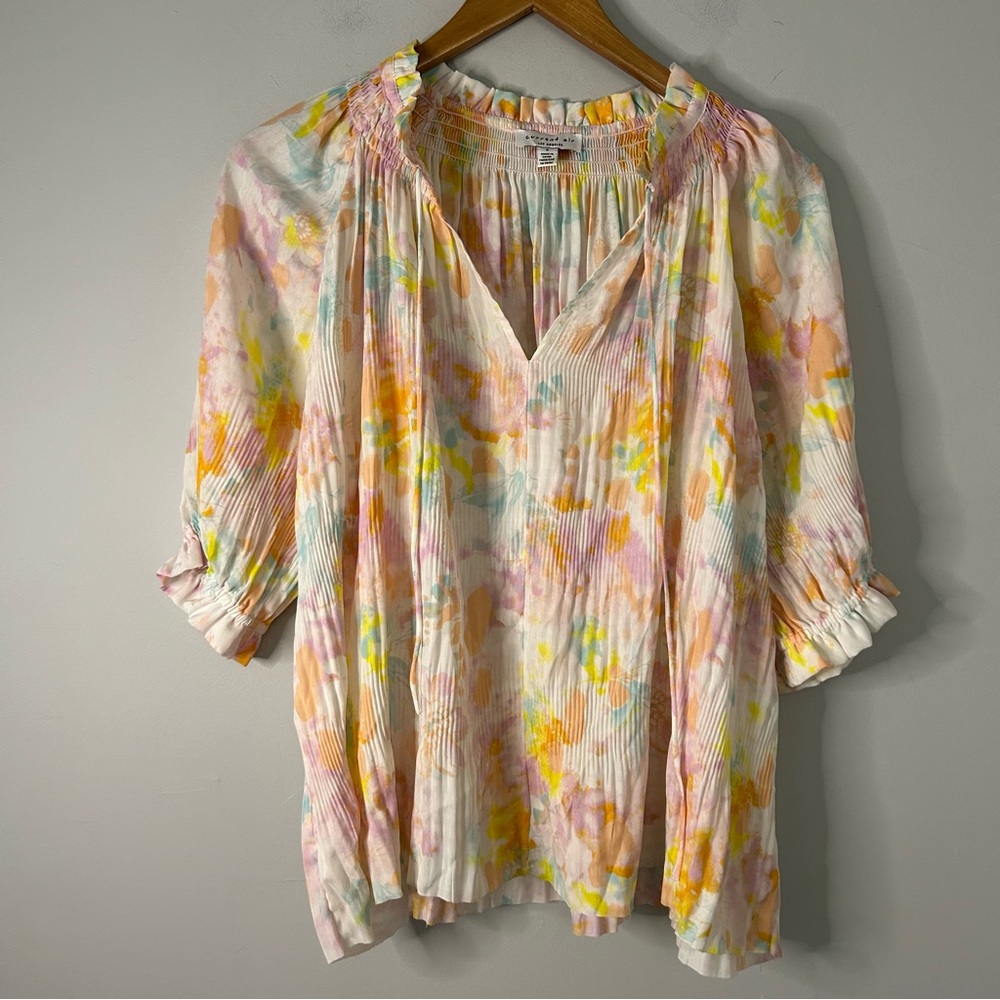 Current Air Anthropologie Pastel Watercolor Printed V-Neck Blouse - Picture 1 of 6